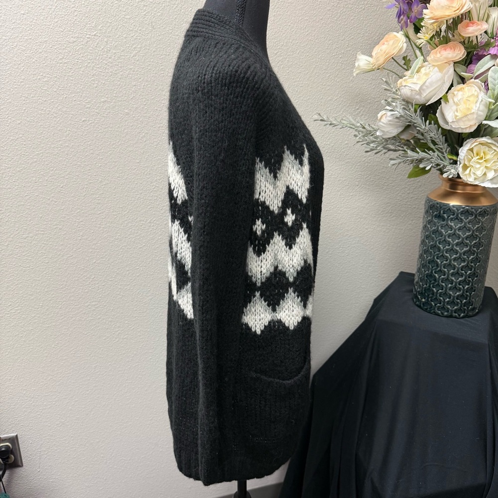 GAP Black Open Front Cardigan Sweater S | Argyle Knit Cozy Fall Winter Layer - Picture 4 of 7